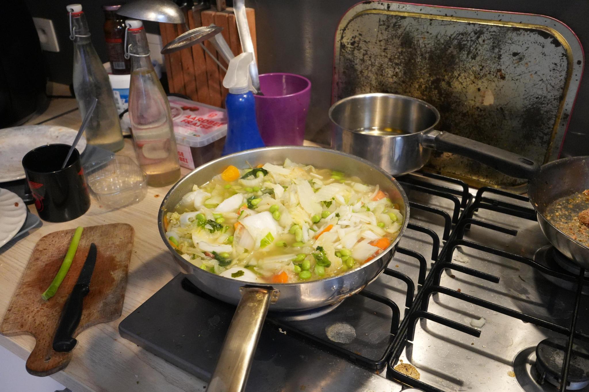 close up on the state of the pan  from further away