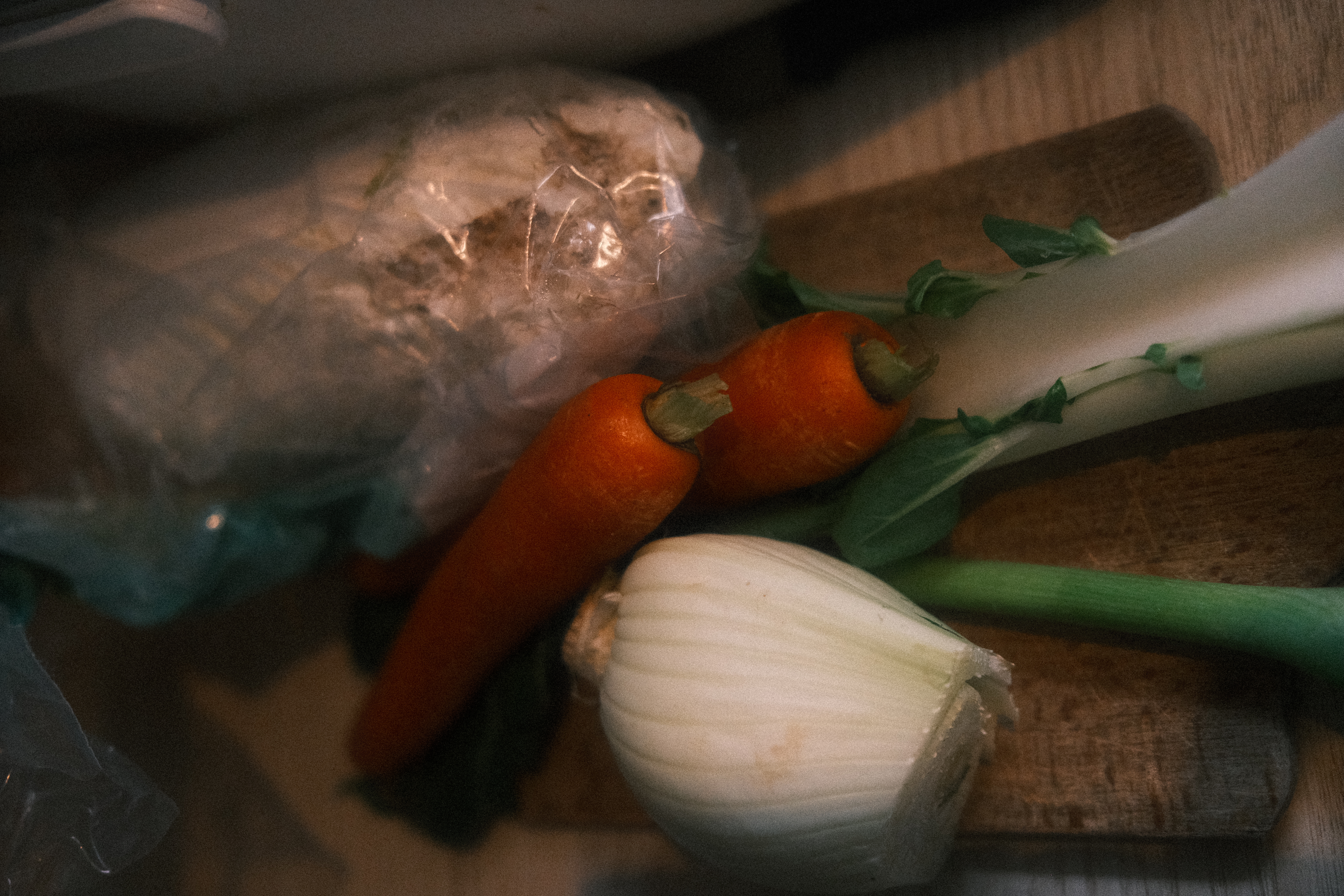 2 carrots, 1 base of a fennel, a chinese cabbage, some leaves of pak-choi, some spring onions