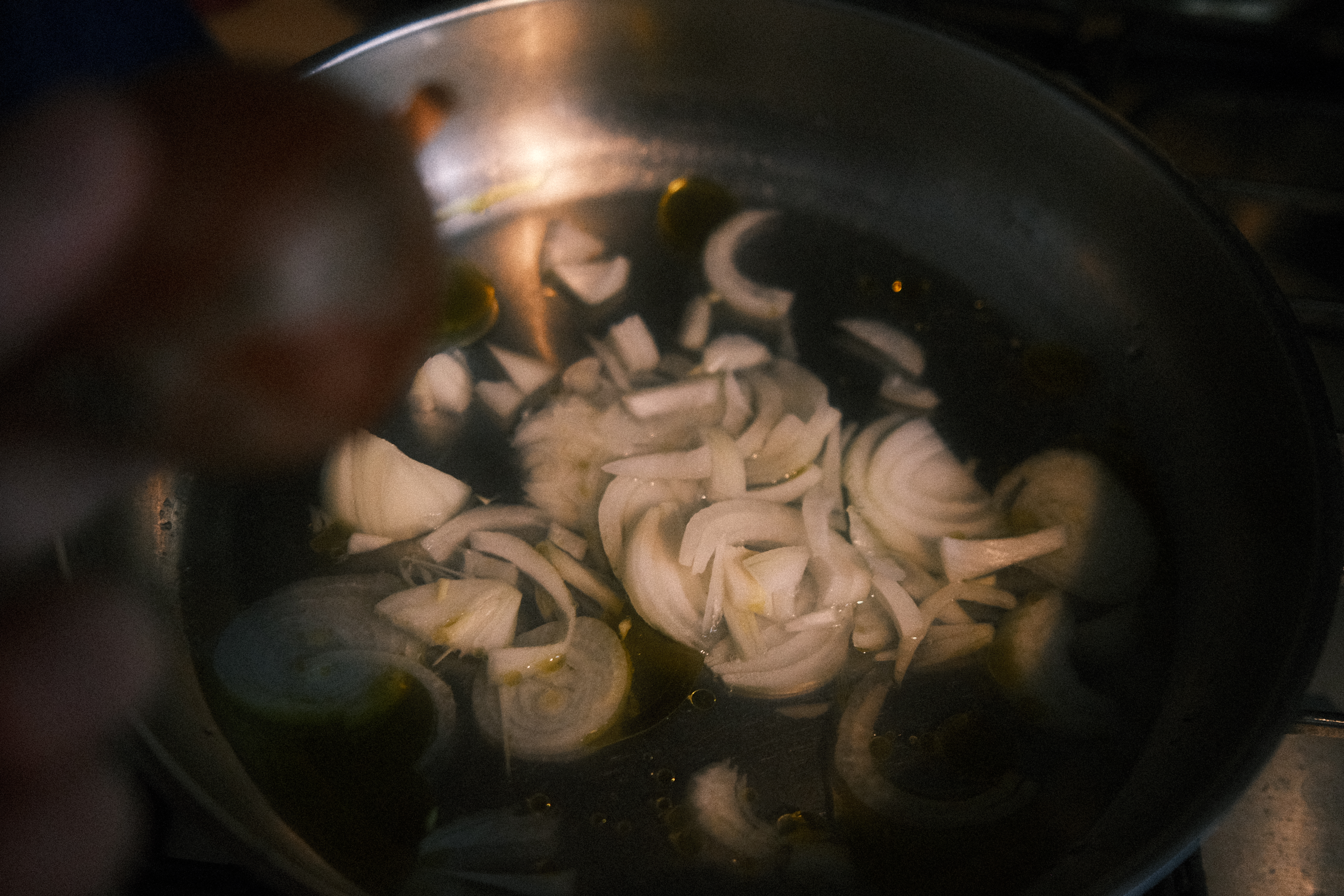 a single diced onion in a frying pan
